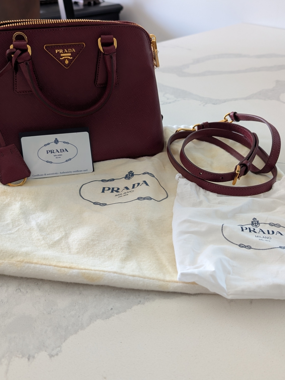 Prada Saffiano Leather Satchel Bag in Burgundy